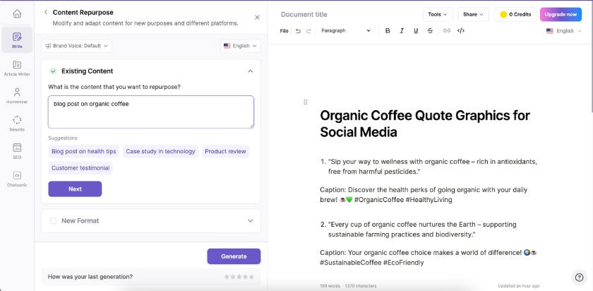 Writesonic generating sample social media captions for an organic cafe.