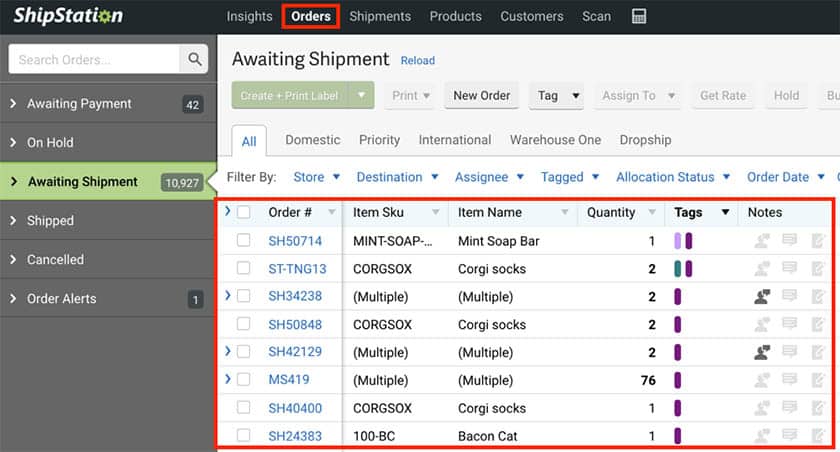 A screenshot of the order management feature on ShipStation's software with a variety of orders and their accompanying details.