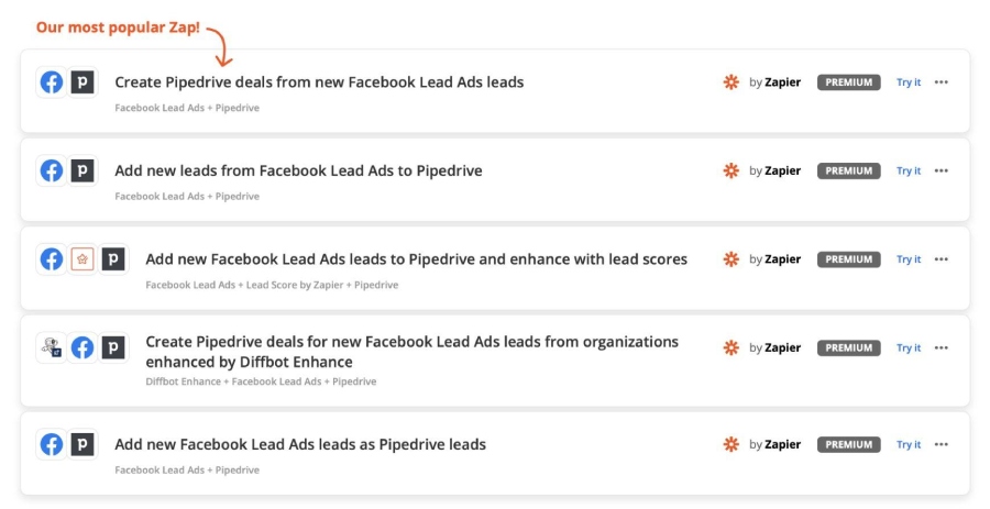 Selecting pre-made Zaps between Facebook and Pipedrive in Zapier.