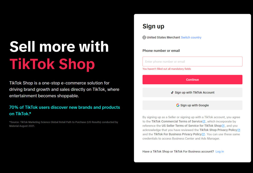 TikTok Shop registration page for sellers in the United States.