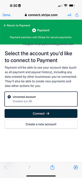 Payments for Stripe app displaying an existing Stripe account once linked with email address.