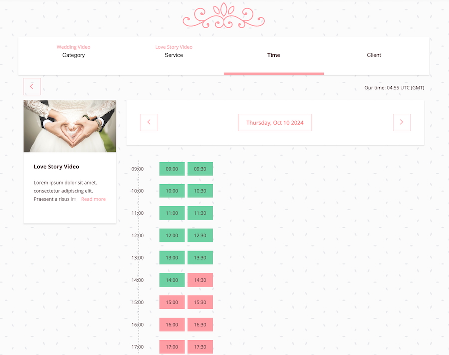 SimplyBook.me's demo booking website showing the booked service category and time.