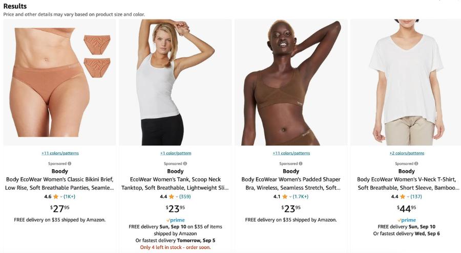 Sponsored products on an Amazon search results page for innerwear