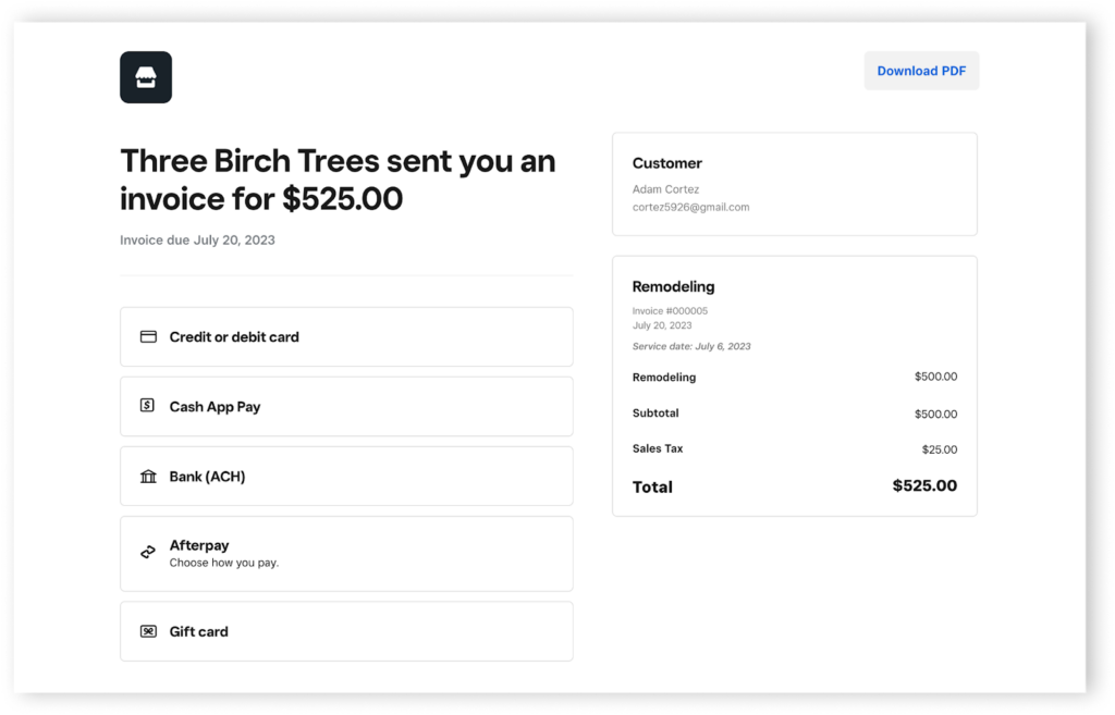 Sample digital invoice for Three Birch Trees showing outstanding amount and payment method.