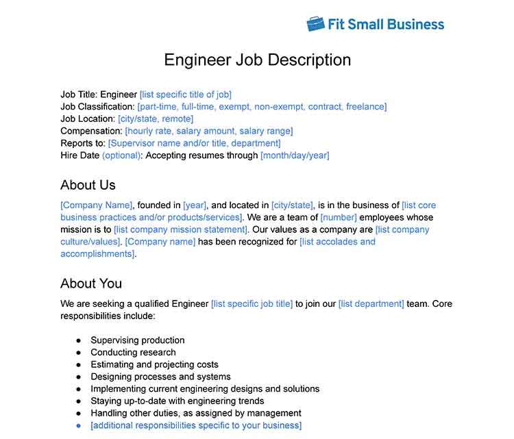 Engineer job description template.