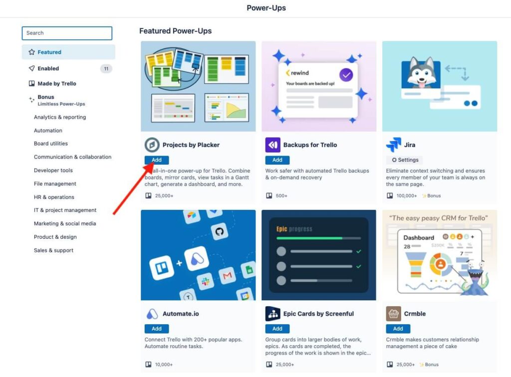 Trello's interface showing feature power-ups and a red arrow pointing to the "add" button