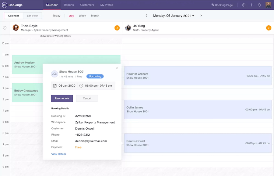 Zoho Bookings' calendar view with booking details of a sample appointment, including the booking ID, workspace name, customer, phone number, and email address.