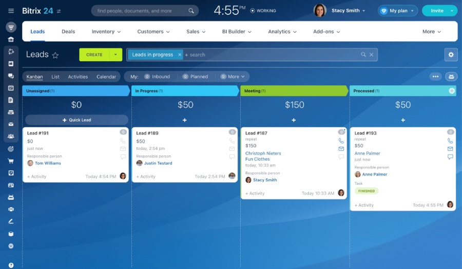 A Kanban board in Bitrix24 layout for sales and lead tracking.