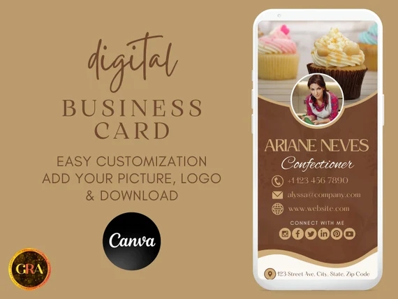 Ad for a digital businesscard designer with the Canva logo and sample digital businesscard in a smartphone