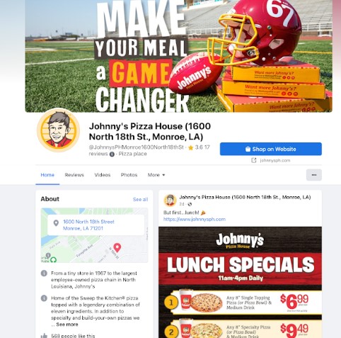 Facebook page for a pizzeria