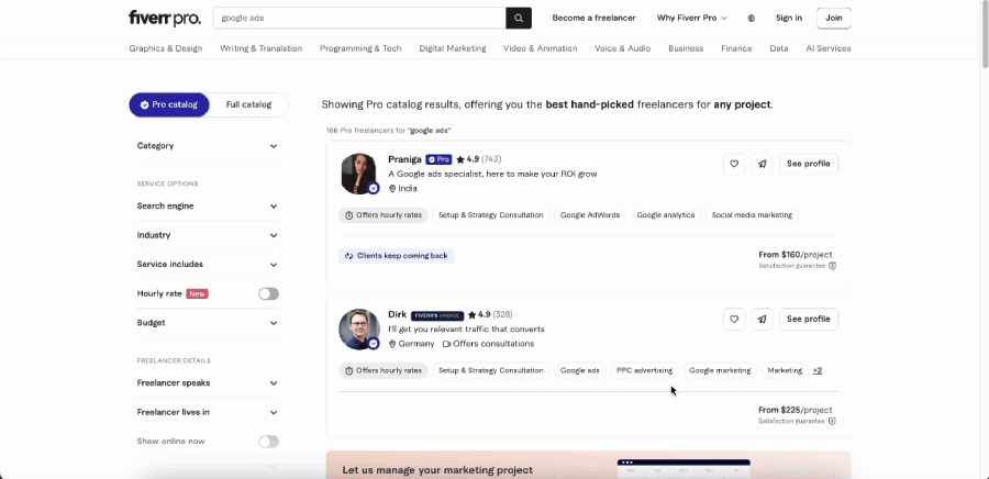 Various Google Ads freelancers on Fiverr Pro.