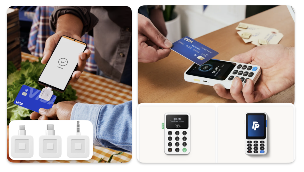 Hands using different Square and PayPal mobile card readers to take payments.