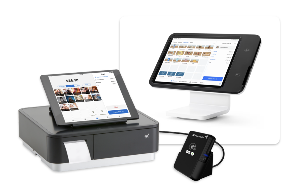2 iPad stands with displaying POS software, one connected to a cash register and mobile credit card reader.