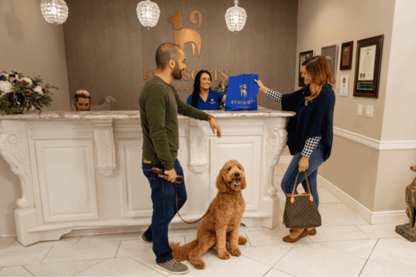 A man with a golden doodle waits at a pet resort desk as a woman receives a blue tote bag from a smiling receptionist.