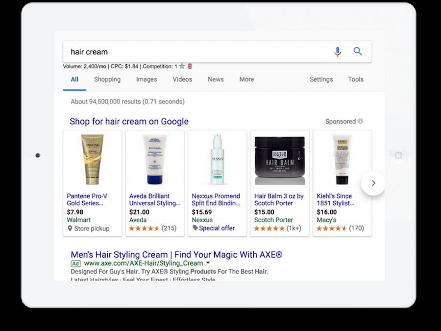 Various Google Shopping Ads for hair cream.