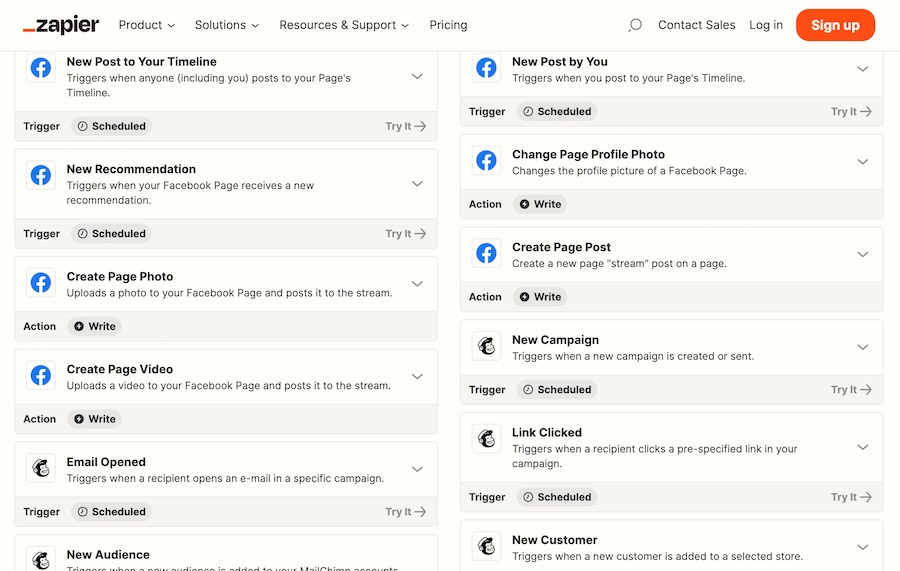 Two columns showing the supported Zapier triggers and actions in MailChimp's integration with Facebook Pages.