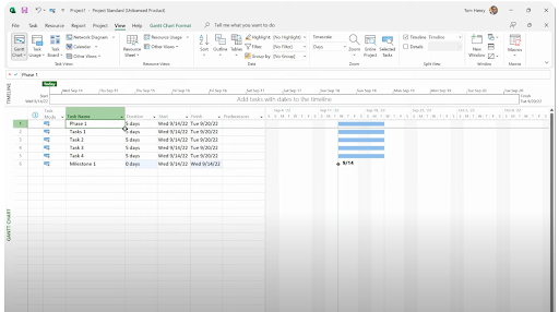 A Microsoft Project template with data to create a Gantt chart.