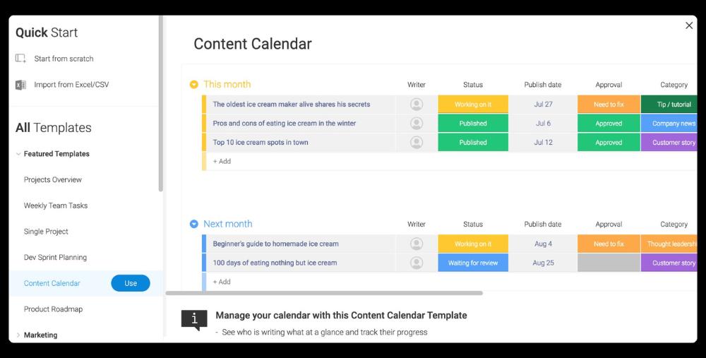 monday.com's content calendar template