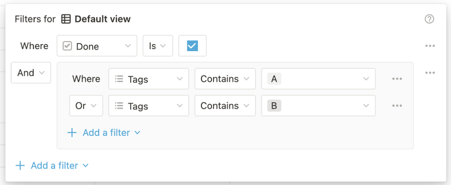 Notion's user interface for object filters in a default view.
