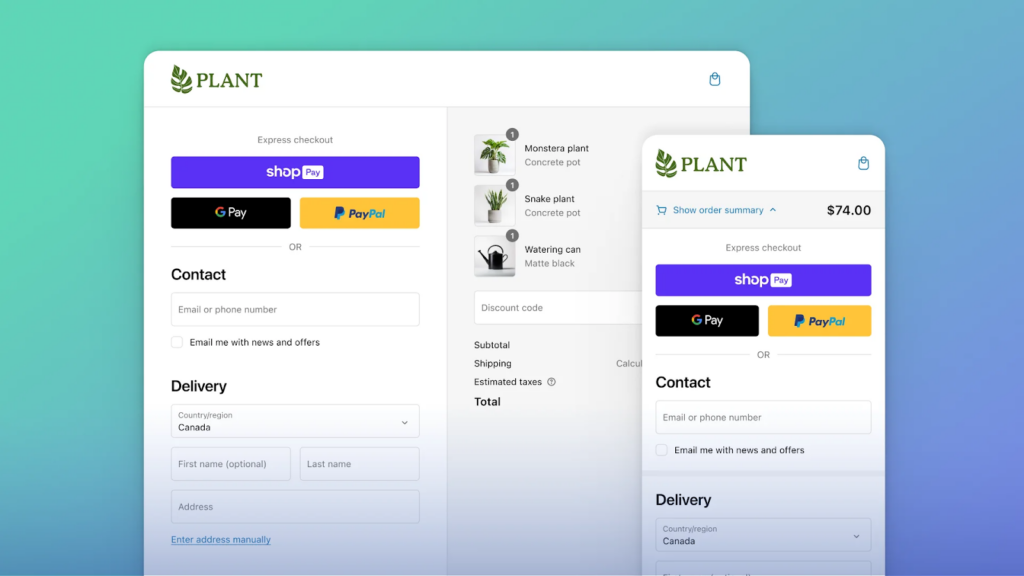 Shopify online checkout window on tablet and smartphone.
