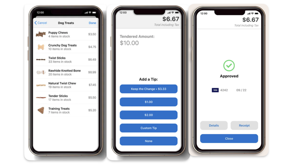 Three smartphone screens showing a pet treat purchase flow, tip selection, and payment approval with Visa.