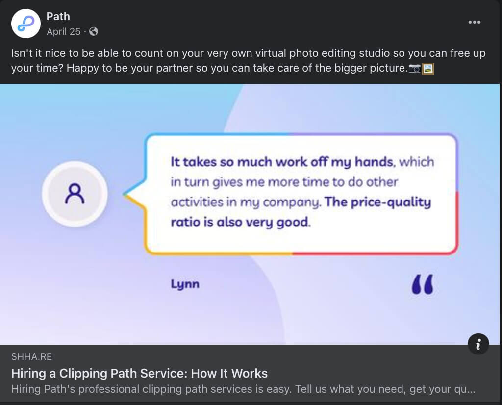 Social post from photo editing studio Path featuring a graphic of a customer review