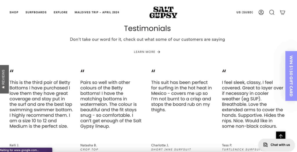 Written testimonials on swimwear brand Salt Gypsy's website