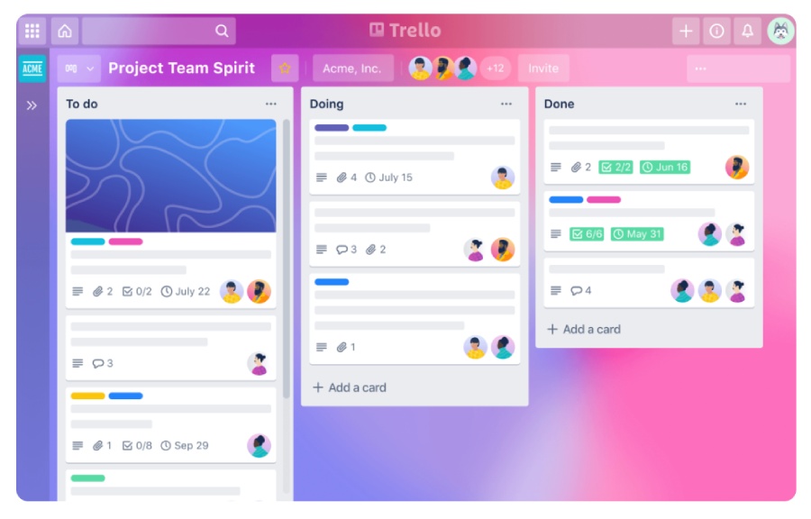 Graphics of Trello's Kanban interface showing pending, ongoing, and completed tasks.