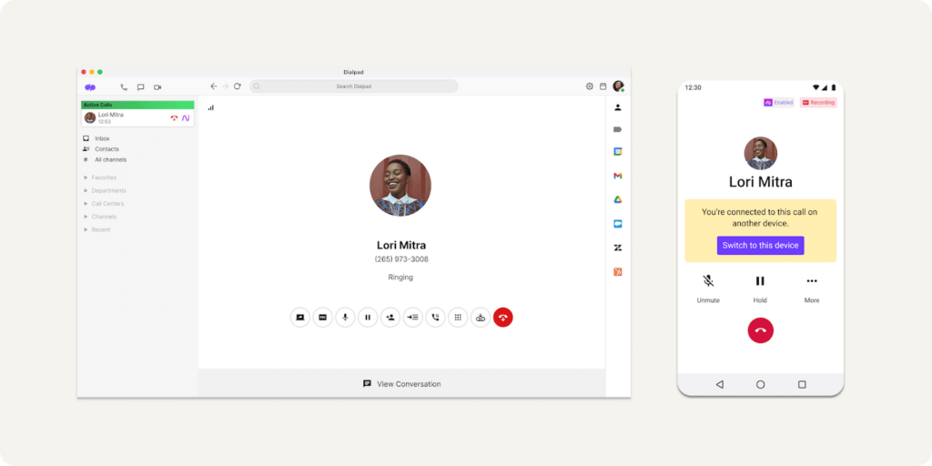How Dialpad's call flip works on a smartphone and desktop computer.
