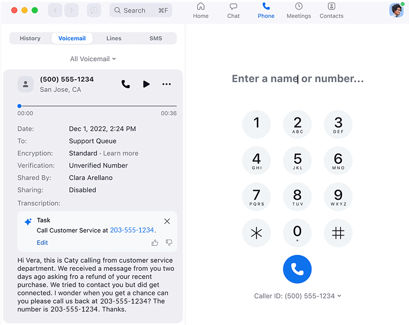 Zoom's AI companion feature displaying a task extracted from the transcribed voicemail.