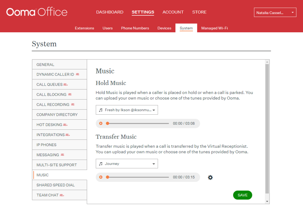 The Ooma Office system settings for hold and transfer music.