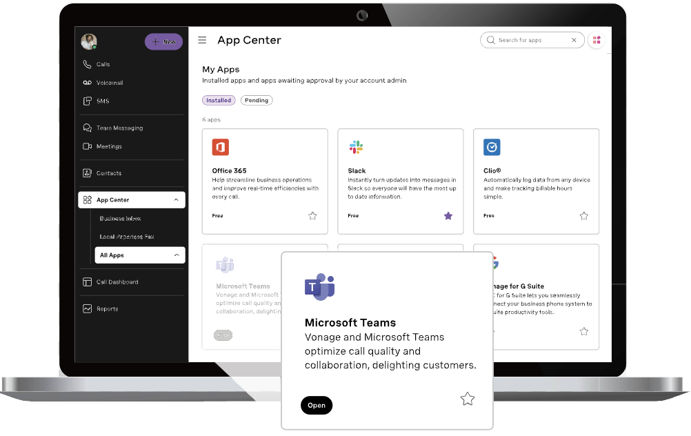 The Vonage App Center displaying a gallery of third-party apps and highlighting Microsoft Teams.