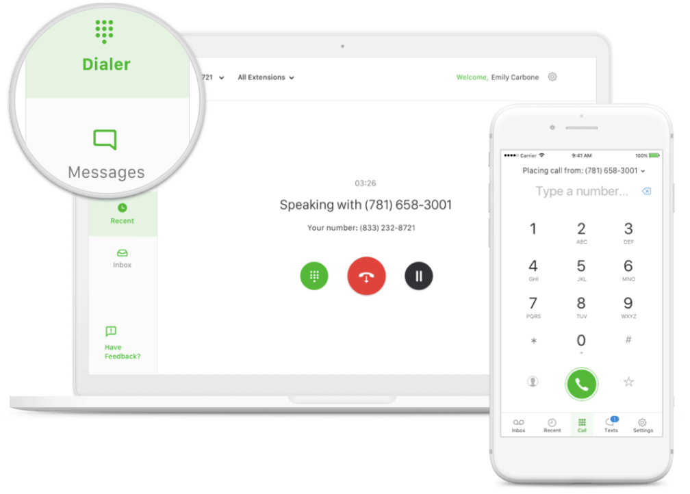 An ongoing call between a Grasshopper mobile app and its desktop version.