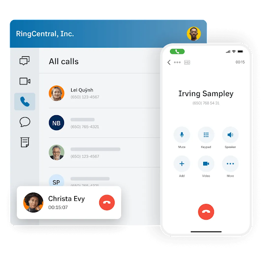 A desktop and mobile screen image of an ongoing call via RingCentral app