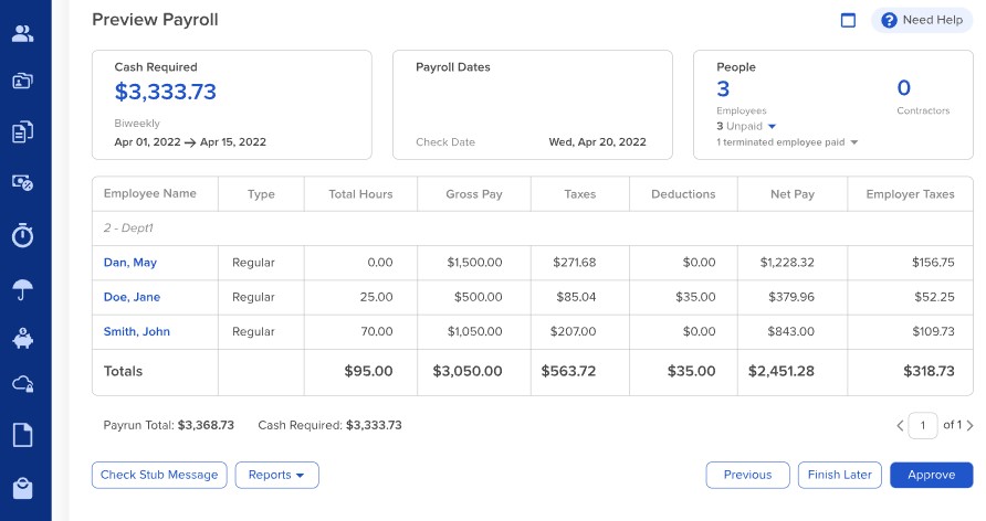 ADP Run's Preview Payroll page shows the employee wages, deductions, and taxes for the pay period.
