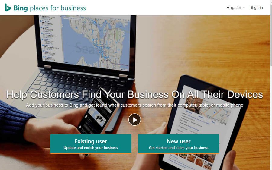 Screenshot of Bing Places for Business' landing page