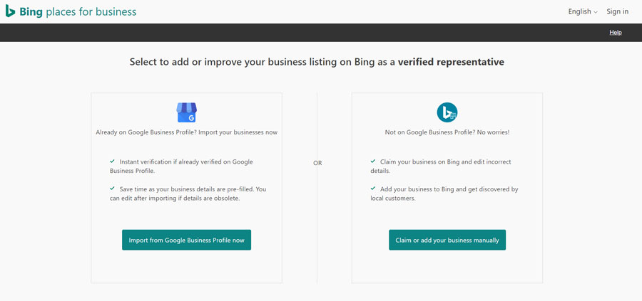 Screenshot showing the options to import your Google page to Bing Places for Business or add your listing manually
