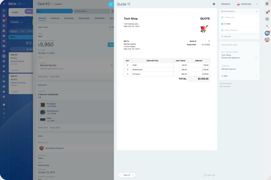 Bitrix24's sample estimate or quote linked to a deal in the CRM.