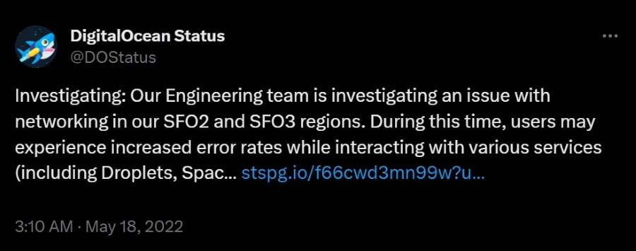 A screenshot of DigitalOcean's Twitter post about a networking issue.