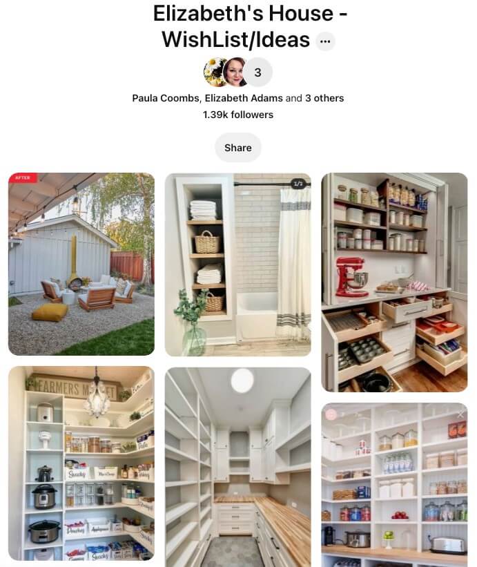 Example real estate Pinterest group board titled "Elizabeth's House/Wishlist"