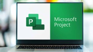 Laptop computer displaying logo of Microsoft Project.