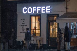 Coffeeshop with neon "COFFEE" sign