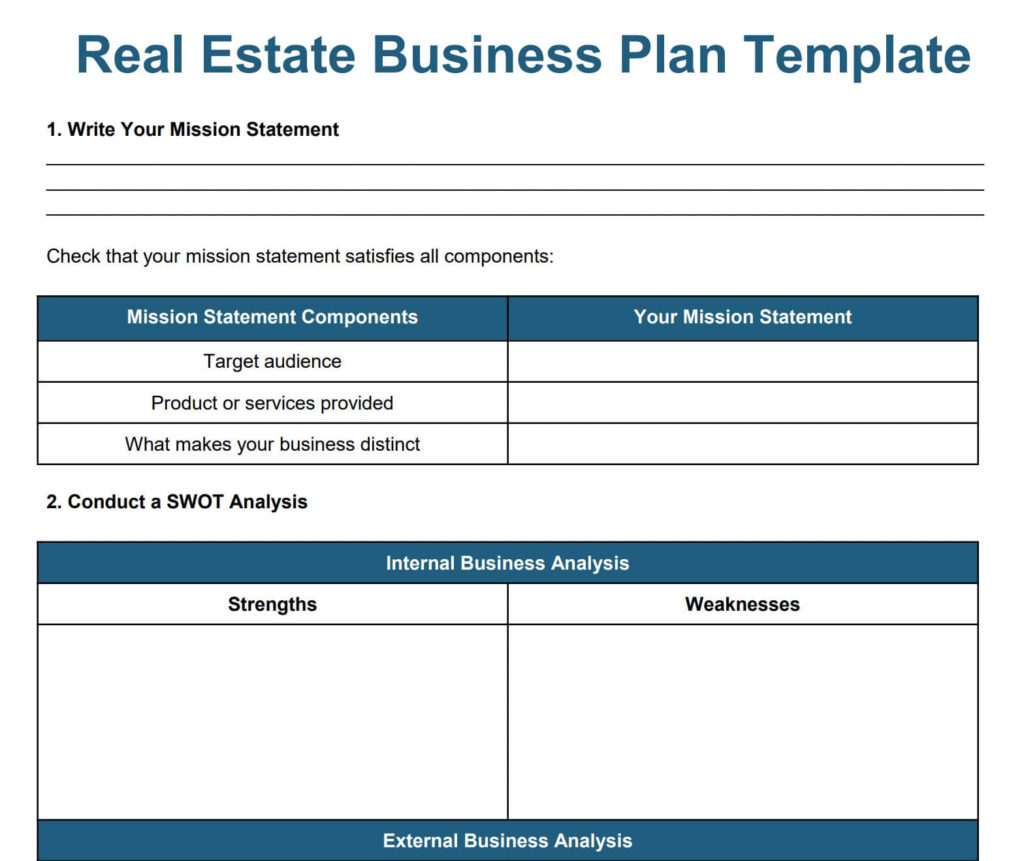 Real estate business plan template from Fit Small Business