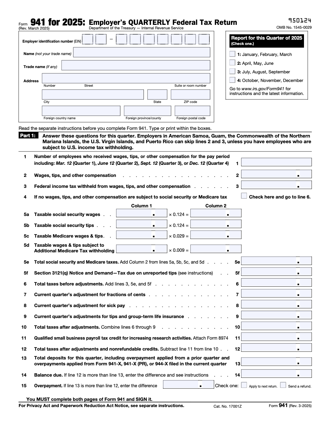 Form 941 - Quarterly Federal Tax Return