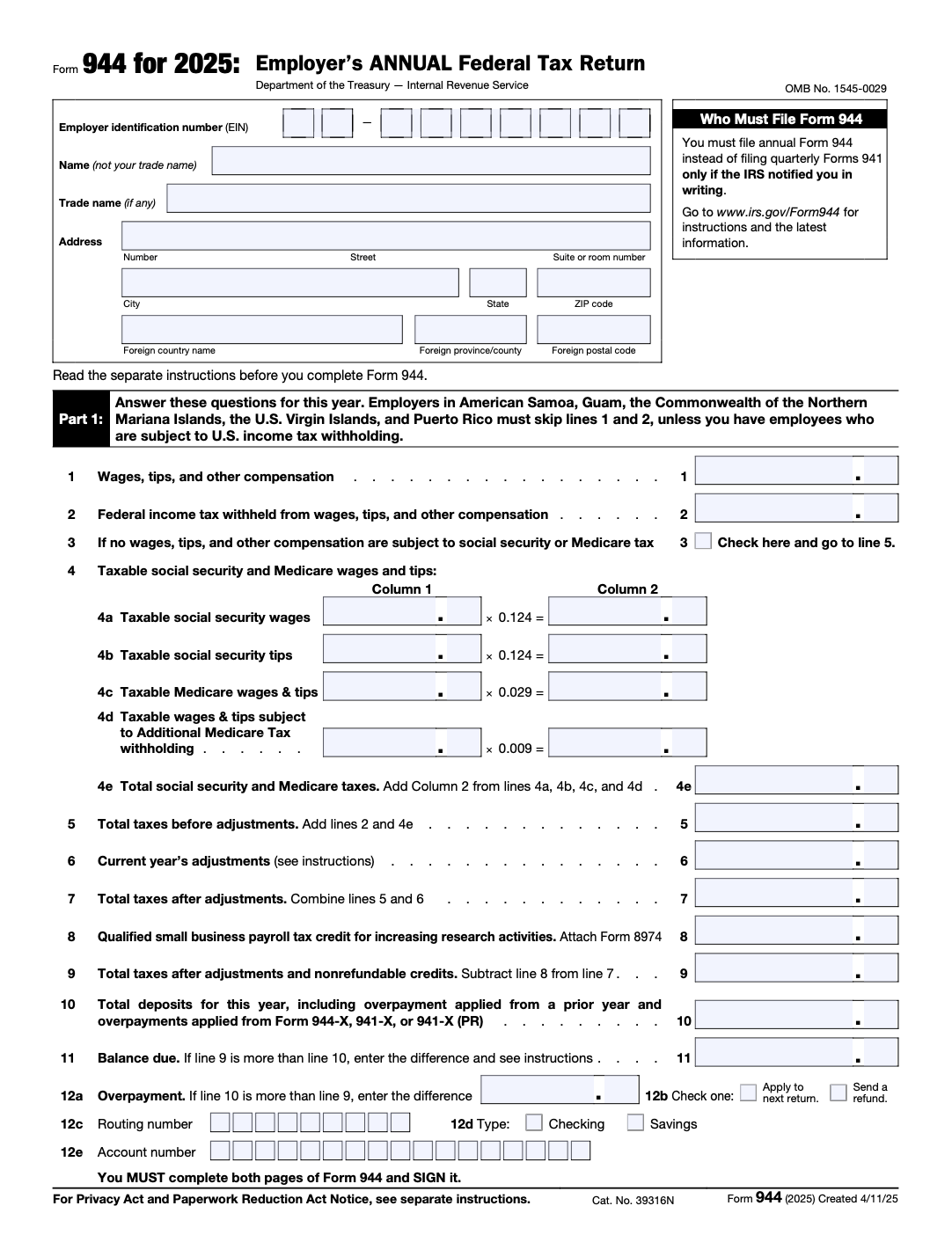 Form 944 - Employer’s Annual Federal Tax Return