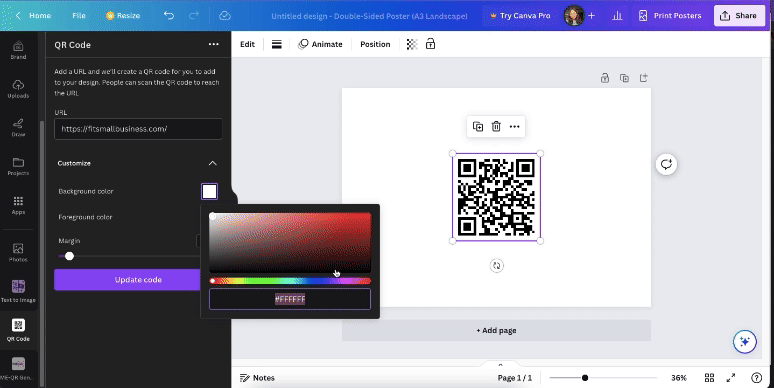 Generating and customizing a QR code on Canva.