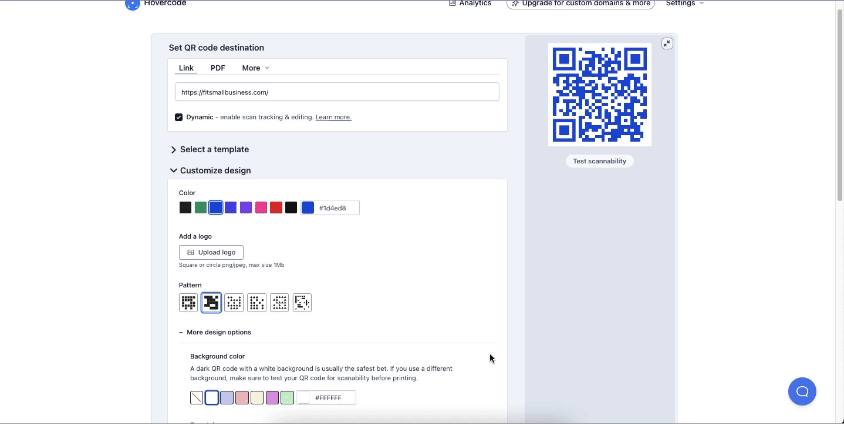 Generating and customizing a dynamic QR code on Hovercode.