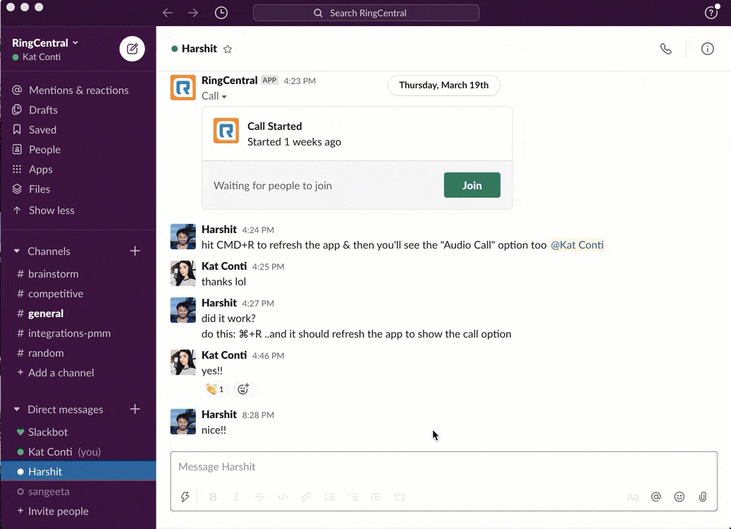 A GIF showing a user clicking the phone icon on a Slack chat window, selecting "RingCentral," and being directed to a meeting room.