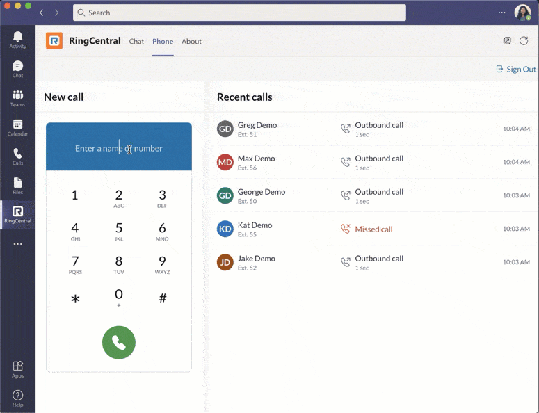 A GIF showing a Microsoft Teams user typing the name "Jake" on the RingCentral dialpad and being connected to a call.