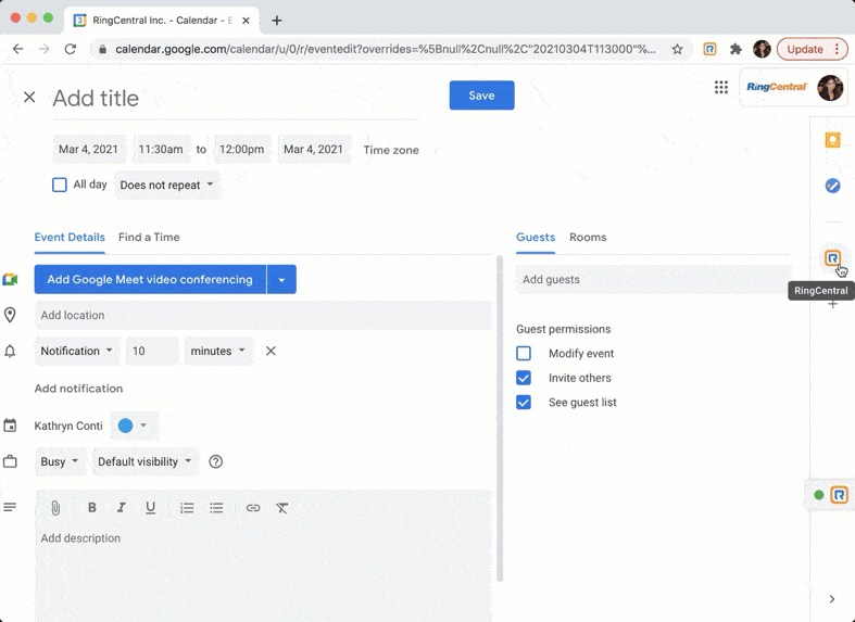 A GIF showing a Gmail user configuring RingCentral meeting details, toggling on the "Enable waiting room" option, and adding a meeting title.